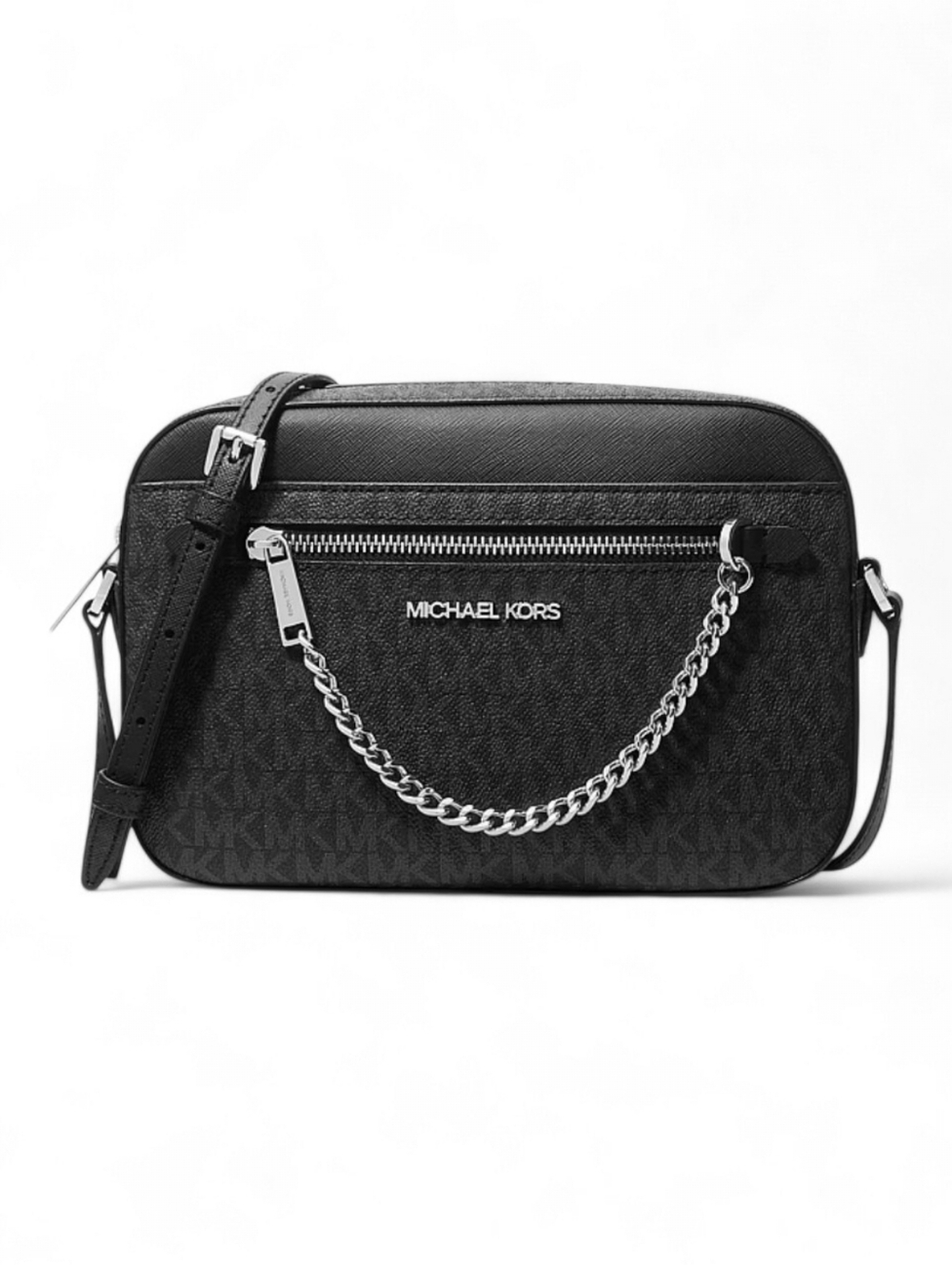 NWT MICHAEL KORS Black Jet Set Crossbody Bag Silver MK Monogram Canvas Print
